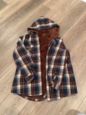 Hooded Plaid Sherpa-Lined Jacket - Navy & Brown